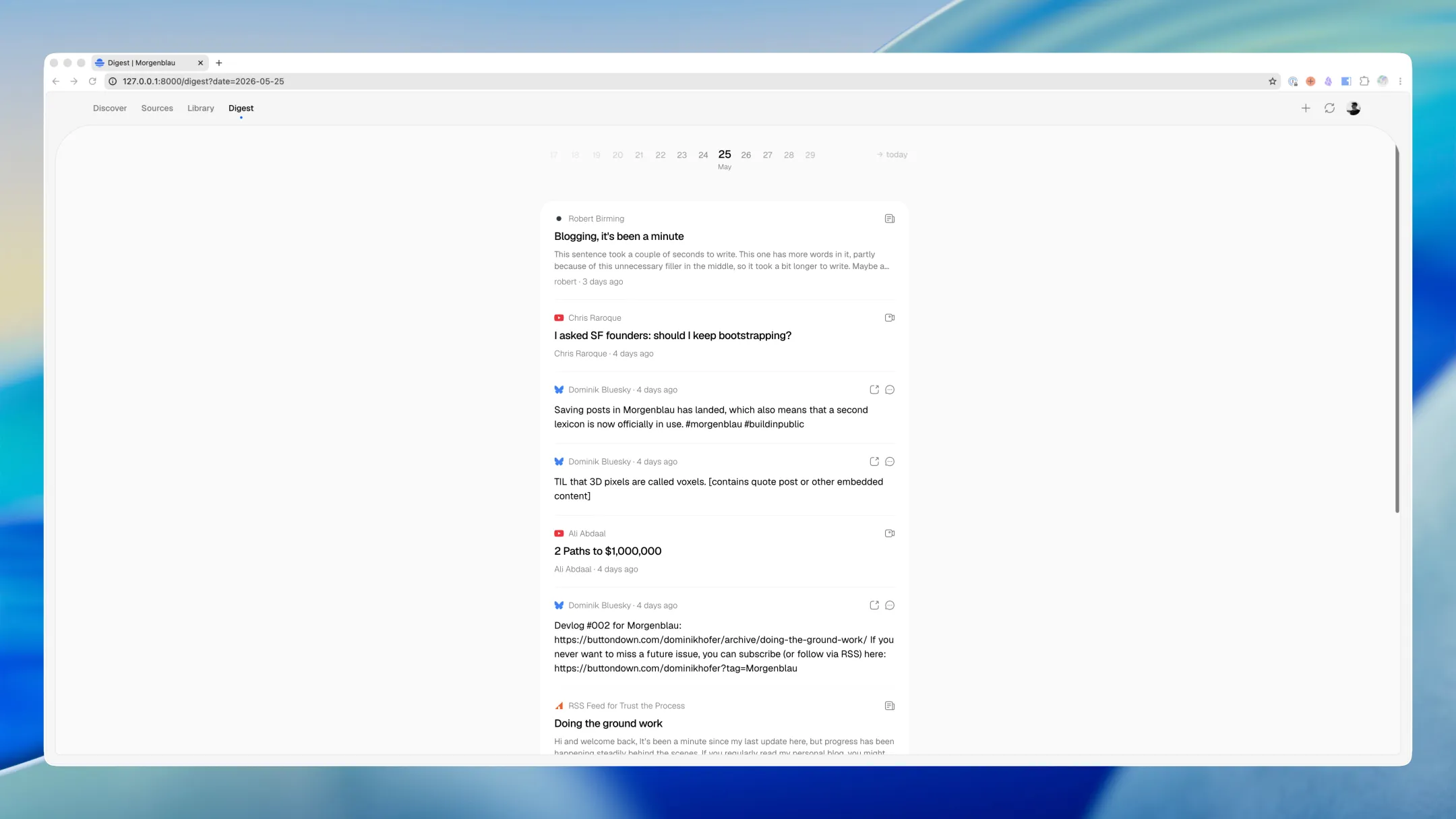 Morgenblau digest view showing a date scrubber and a mixed feed of blog posts, YouTube videos and Bluesky posts