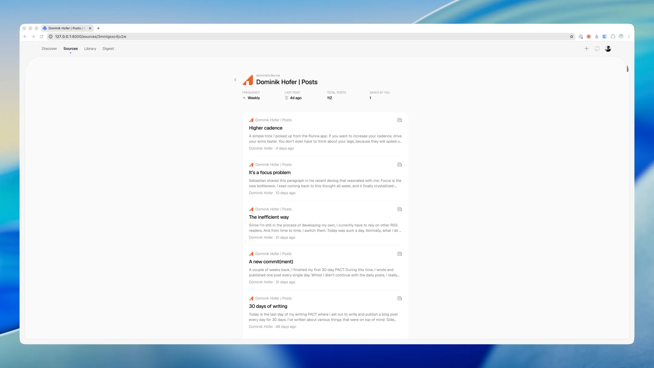Morgenblau source page for "Dominik Hofer | Posts" showing feed stats and a list of recent posts