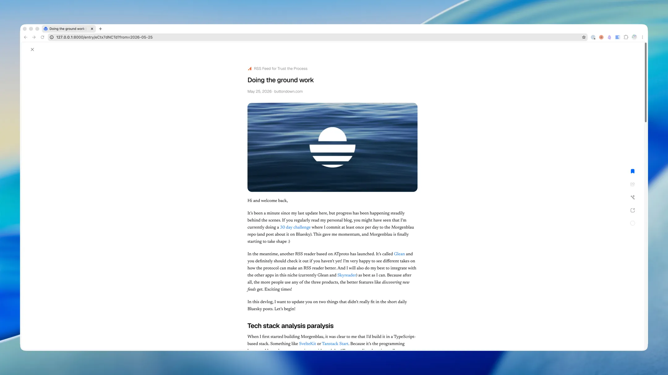 Morgenblau reader view showing the article "Doing the ground work" with a hero image and clean reading layout