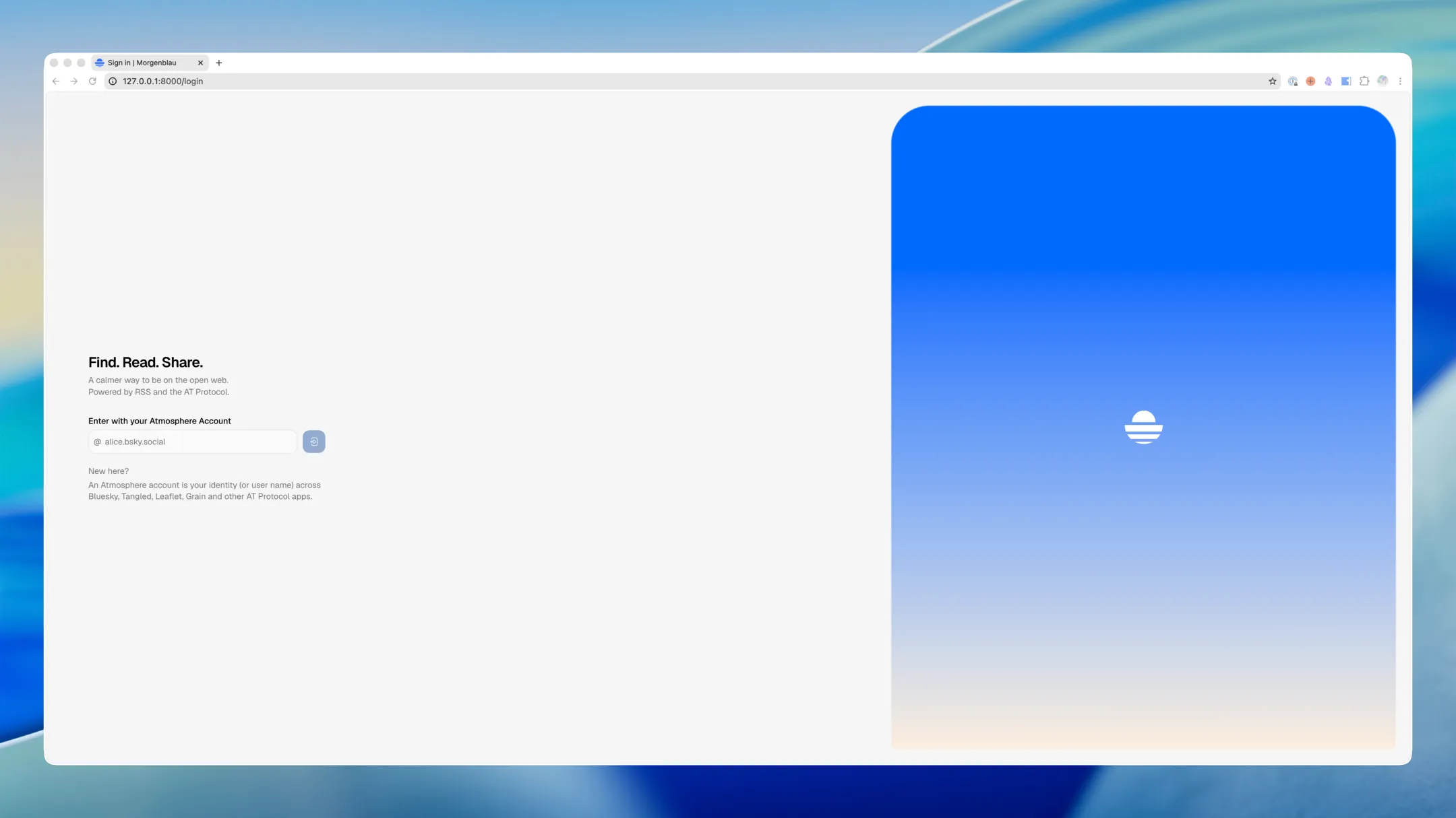 Morgenblau login screen with the tagline "Find. Read. Share." and an Atmosphere account sign-in field